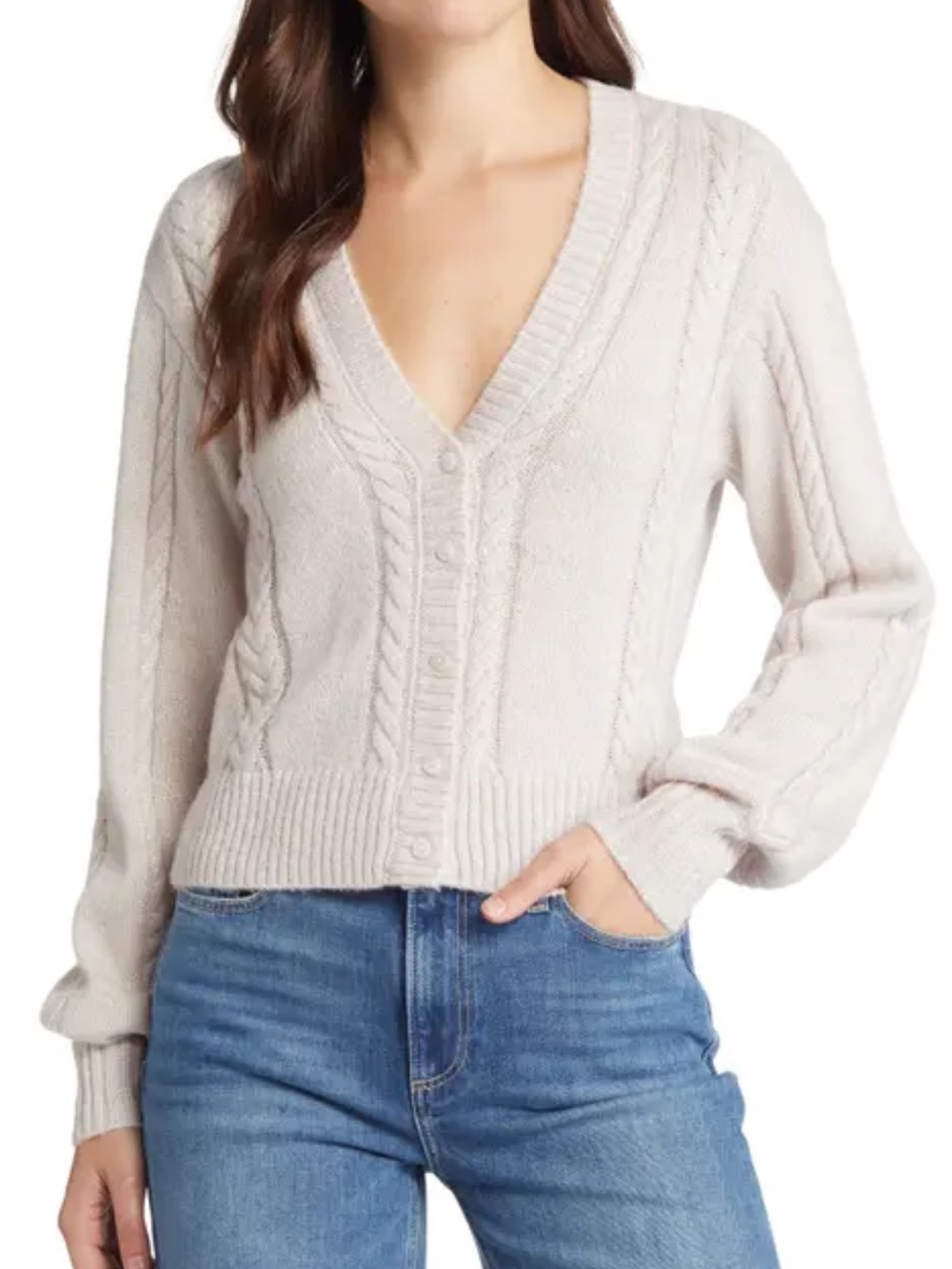 PAIGE Sofie Cable Stitch Blush Shimmer V-Neck Knit Button Cardigan Sweater
